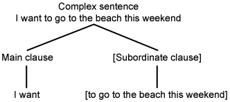 phrase structure diagram showing split of complex sentence into main clause and subordinate clause